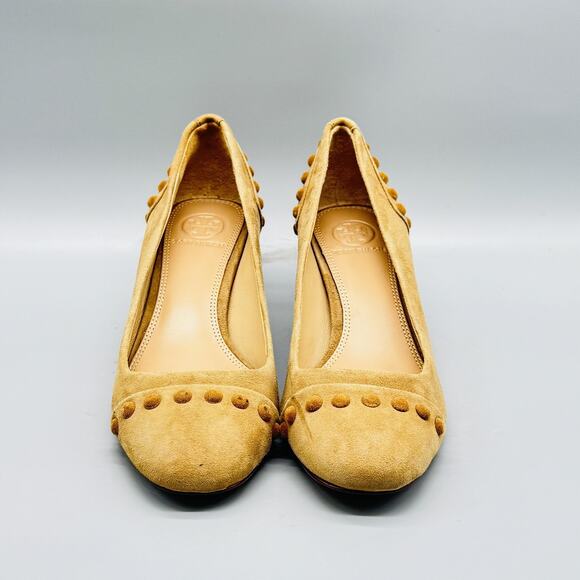 Tory Burch Shoes Womens 5.5 Beige Suede Pumps Colt Studded Round Toe Block Heels - Picture 3 of 11